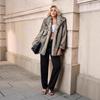 Womens Faux Fur Coat Mid-Length Blazer Collar Fall Winter Street Style Coffee Tip Gray