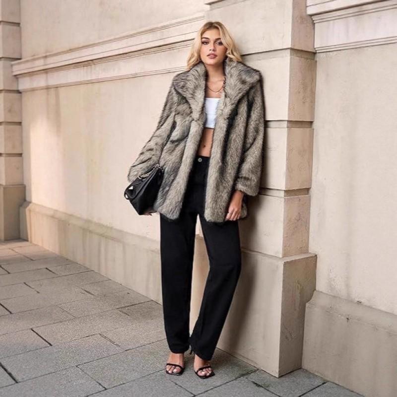 Womens Faux Fur Coat Mid-Length Blazer Collar Fall Winter Street Style Coffee Tip Gray