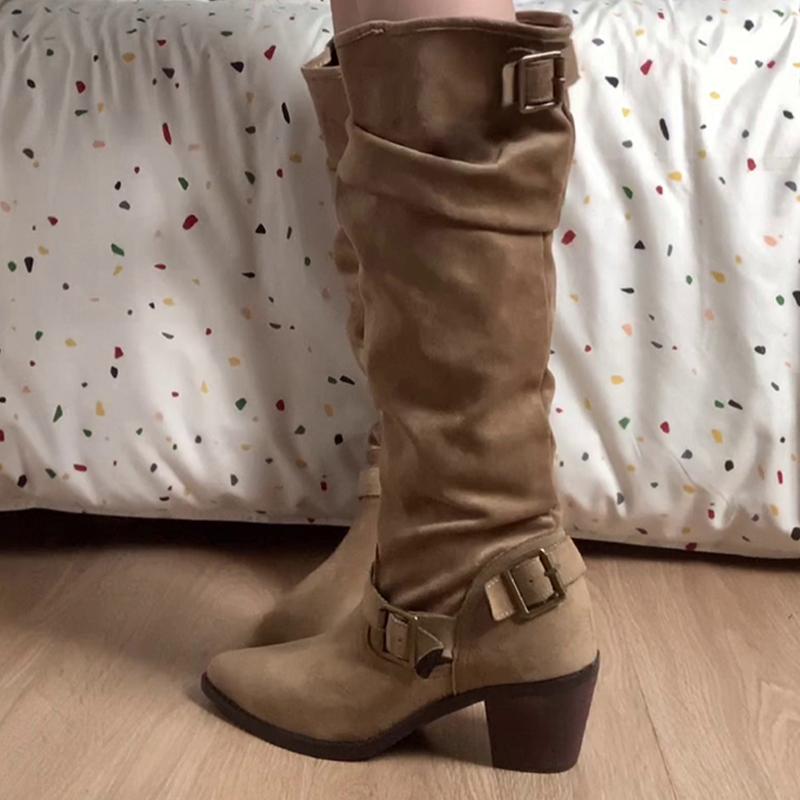 Модные женские высокие сапоги с острым носком, замшевые дизайнерские туфли, модные платья, массивные сапоги, новый тренд 2025, зимние сапоги до колена челси для женщин