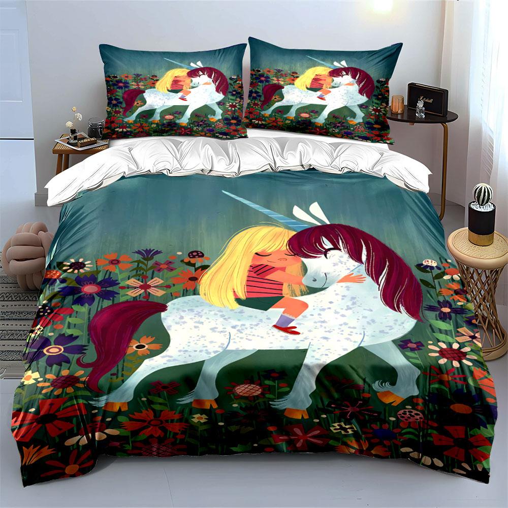 Unicorn amidst colorful flowers. Bedding sets Duvet cover sets Duvet covers Pillowcases(1 * Duvet Cover 2 * Pillowcases without duvet insert)