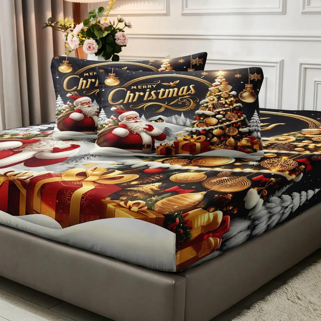 3 шт. 85 г Июль Полиэстер и нейлон Великолепный Рождественский Лунный цвет, Дерево и Санта Цифровой Натяжной Простынный Комплект, Мягкий, Удобный, Кровать