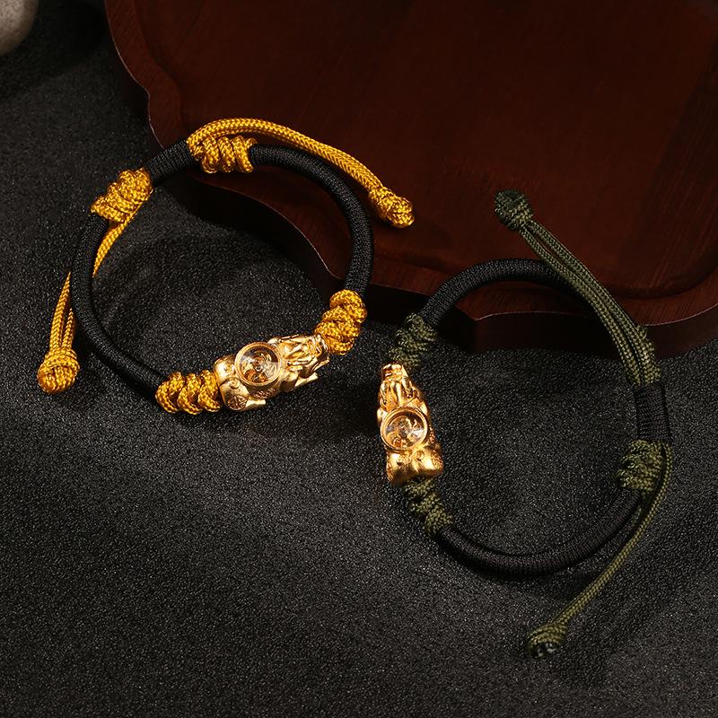 Dragon Knot Gold-Plated Silver Pixiu Bracelet - Handmade Woven Copper, Couple Style, Thai Sand Gold Design for Luck and Fortune.