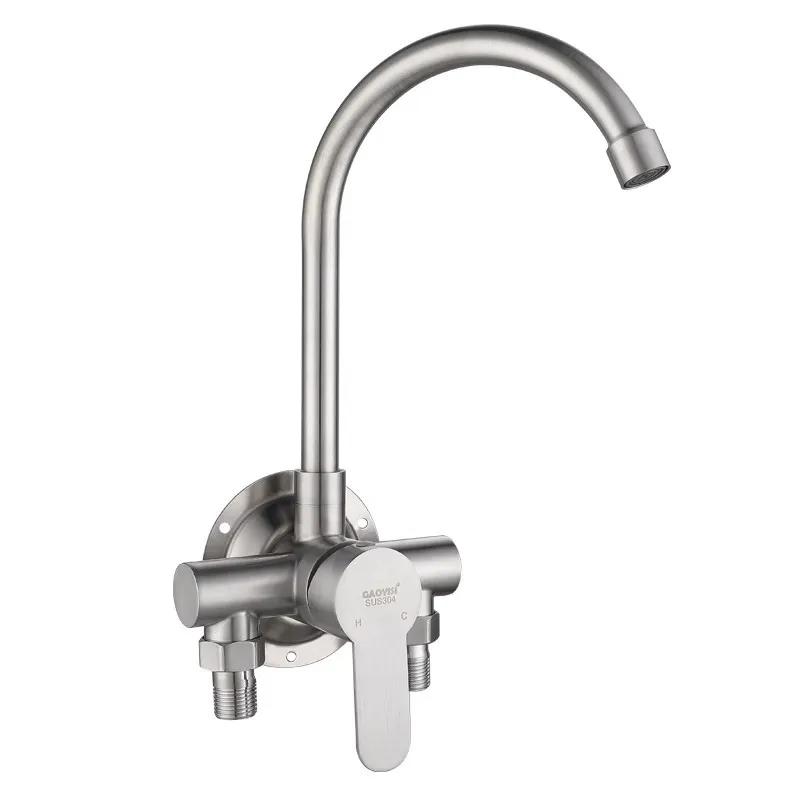 304 Stainless Steel Wall Mount Kitchen Faucet Hot Cold Water Mixer Tap for Laundry Sink Vegetable Basin Surface Mounted Spout
