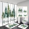 4Pcs Bathroom Shower Curtain Set Christmas Trees Pattern Bathroom Curtain With 12 Hooks Non Slip Rugs Toilet Cover Mat Bathroom Partition