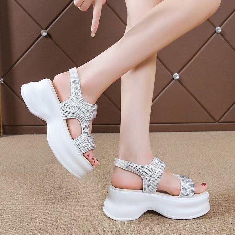 New Thick-soled Women's Sandals Women's Summer Stepping On Shit Feeling Versatile and Not Tired Feet Muffin Bottom Rhinestone Roman Shoes