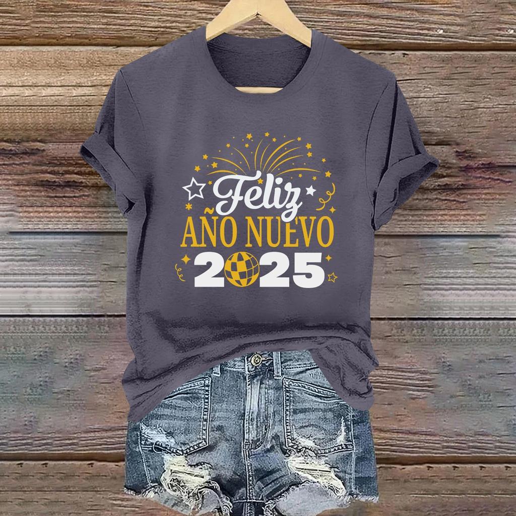 Women's Long Sleeve Round Neck T-Shirts 2025 New Year Print Puff Sleeve Shirts Button Blouses Tops