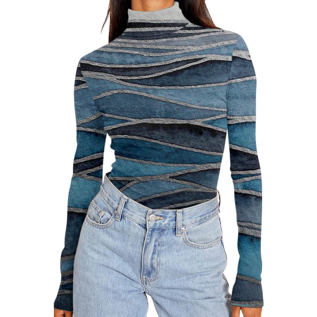 Женские рубашки с высоким воротником и длинными рукавами с принтом, осенние модные базовые облегающие мягкие термотопы