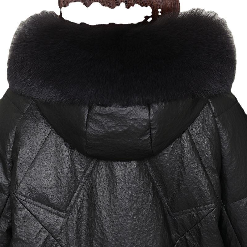 Пу кожа пух хлопок одежда женская зимняя новая с капюшоном повседневная версия с каменным узором имитация овчины куртка средней и длинной длины