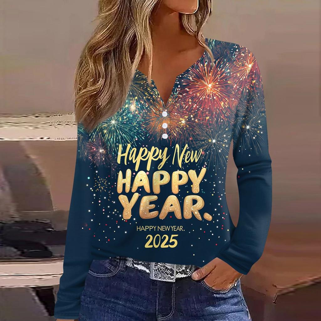 Жен. Футболка Футболка С принтом Пуговицы Длинный рукав Повседневные Выходные Мода Классический V-образный вырез Обычный Верх