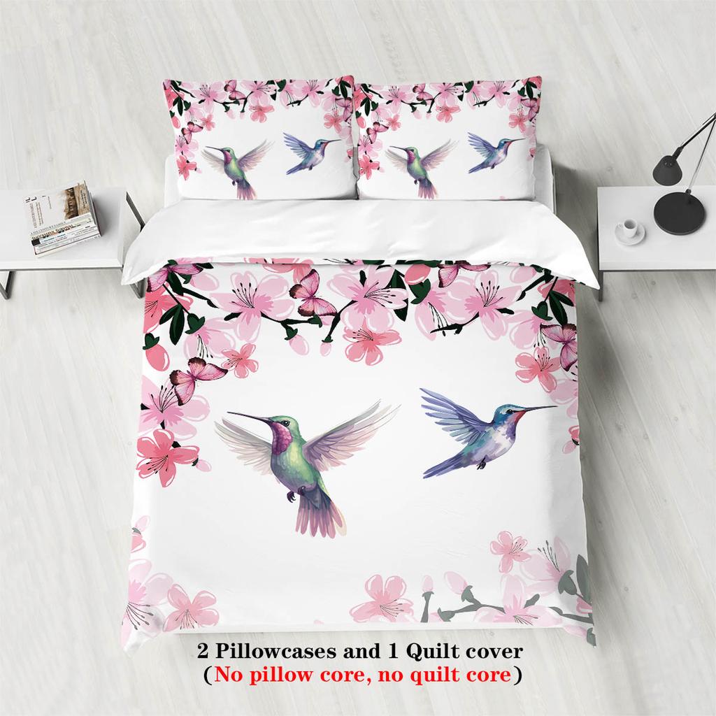 3 шт. Комплект постельного белья с весенним принтом птиц и цветов, Для спальни, Гостевой комнаты (1*Пододеяльник + 2*Наволочка, БЕЗ Наполнителя)