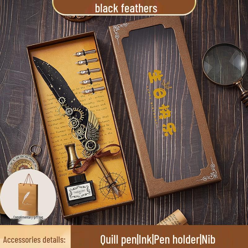 European Steampunk Quill and Ink Set with Wax Seal - Retro Fountain Pen Gift Box for Birthdays