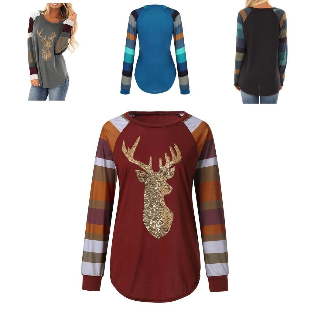 Soft Womens Christmas T-shirt Blouse With Chic Long Sleeves And Reindeer Motif