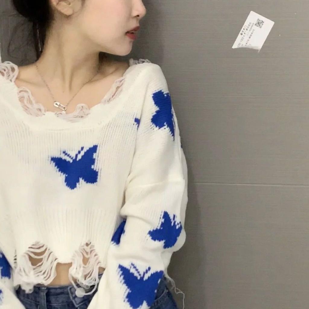 Корейский модный вязаный свитер с графическим рисунком, женский Harajuku, милые укороченные топы большого размера с открытыми плечами, повседневный свободный джемпер Y2K