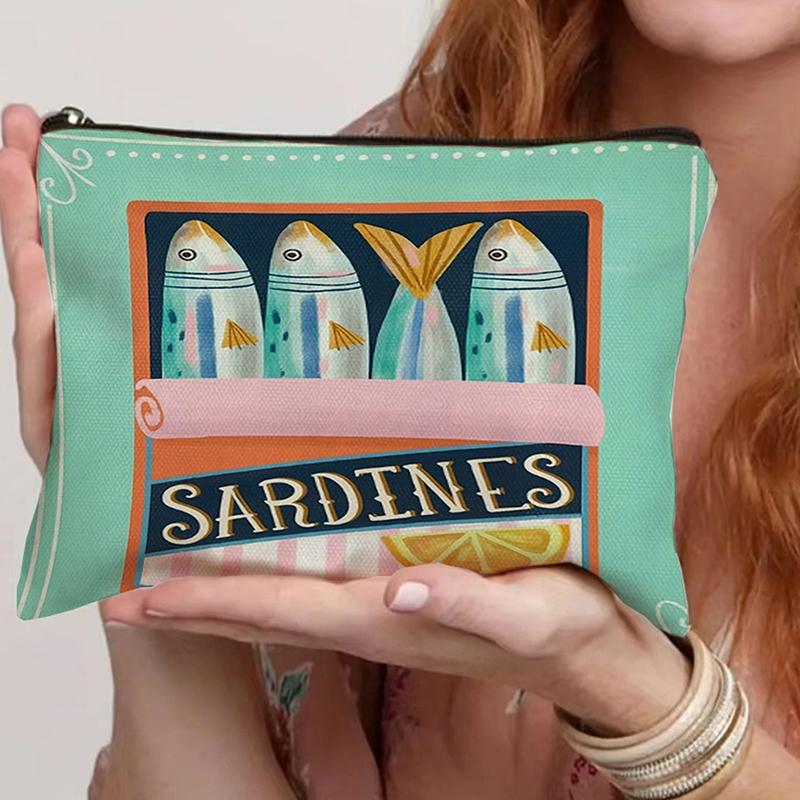 Винтажная холщовая косметичка Простая косметичка большой вместимости Женский дорожный клатч Сумка для туалетных принадлежностей Ретро дизайн с сардинами и оливковым маслом