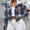Женское пальто, короткое клетчатое пальто с отложным воротником и длинными рукавами, эластичный подол, однобортная осенне-зимняя повседневная куртка
