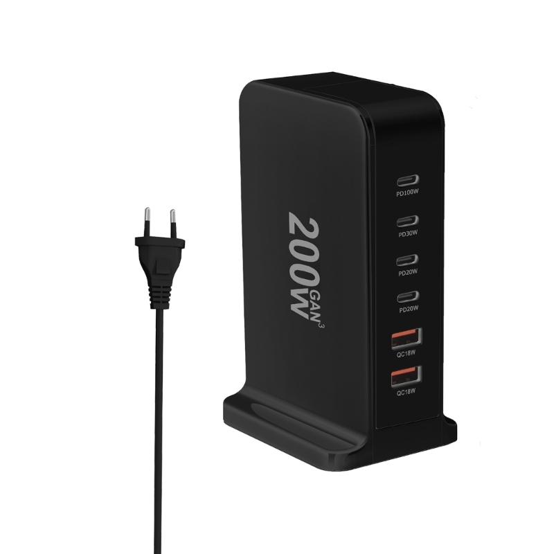 Зарядное устройство USB C 200 Вт Блок быстрой зарядки 6-портовая зарядная станция Кирпичик Зарядное устройство для ноутбука 2 USB+4 Type C для путешествий дома