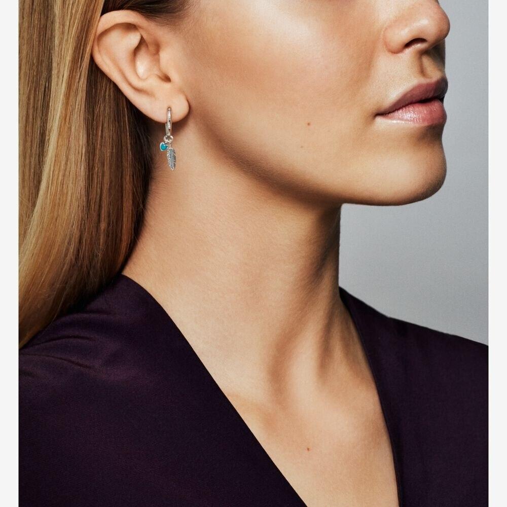 Подлинные серьги-кольца с подвесками Love And Feather из стерлингового серебра S925 сине-зеленого цвета, женские модные серебряные серьги, ювелирные изделия, подарки