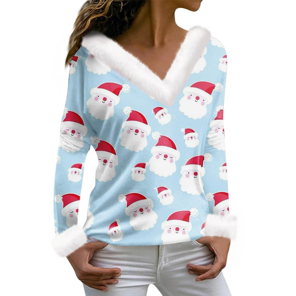 Женская футболка с рождественским принтом, футболка с длинным рукавом, флисовый воротник, топ с V-образным вырезом