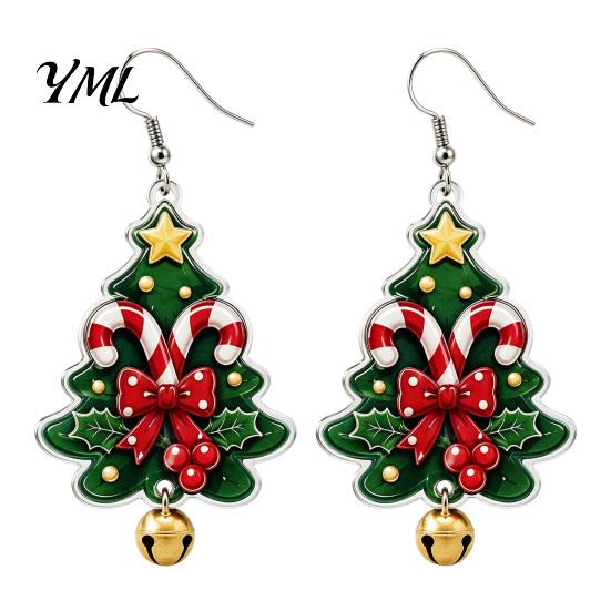 Festive Fashion Jewelry 1 Pair Acrylic Christmas Tree Dangle Earrings, 2D Flat Xmas Winter Outfit Accessories Bow Candy Cane Earrings with Bell,