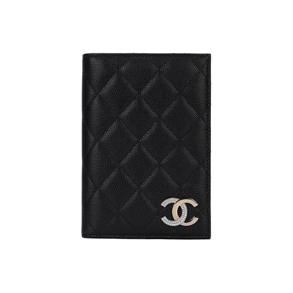 Chanel Бренд 24B логотип металлический логотип ромбовидный узор книжная обложка открытие и закрытие кожа личи кошелек для паспорта черный