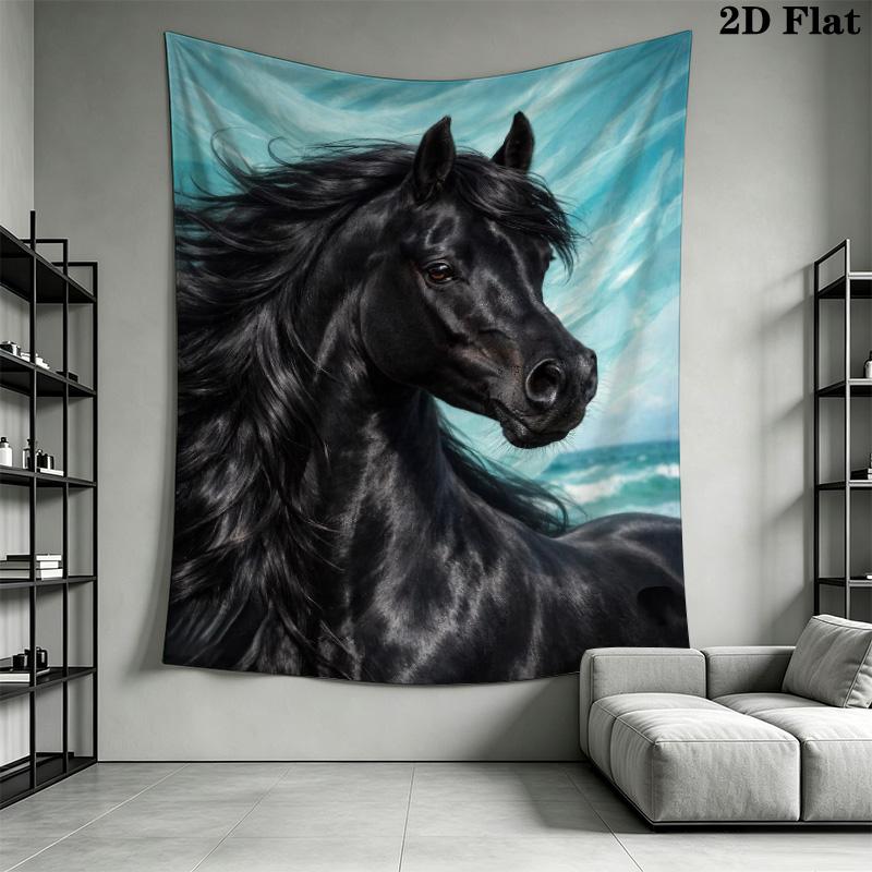 Black Horse with Golden Floral Pattern Tapestry, Ornate Horse Portrait Art Print Wall Hanging Home Decor