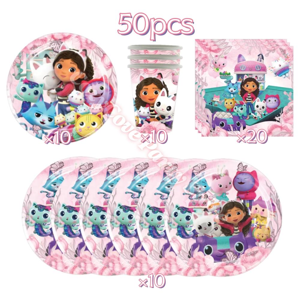 Gabby Dollhouse Birthday Party Decoration Gabby Tableware Bracelets Stikers Cake Topper Balloons For Kids Party Gift Photo Booth