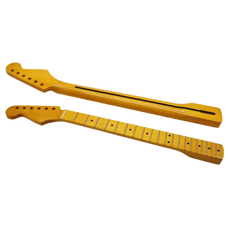 Left-Handed Electric Guitar Neck: 21 Frets, 6 Strings, Maple Wood, Bright Yellow Finish, DIY Modified Replacement.