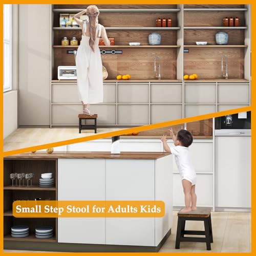 IBUYKE Step Stool, Step Stool, Footstool with Non-Slip Backrest, Wooden Chair for Kids, Bedroom, Bathroom, Living Room, Kitchen, Brown, Depth 25.5cm,