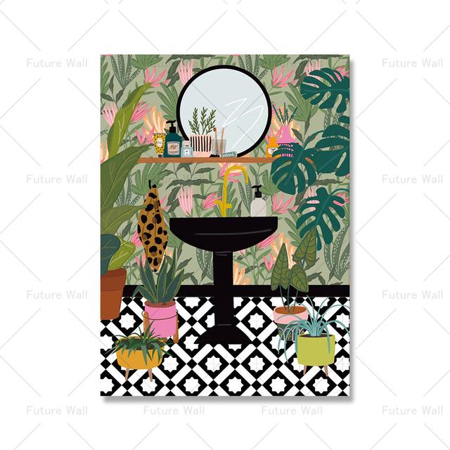 Тропические растения. Растения для ванной комнаты. Скандинавский плакат. Богемное украшение с зелеными листьями.