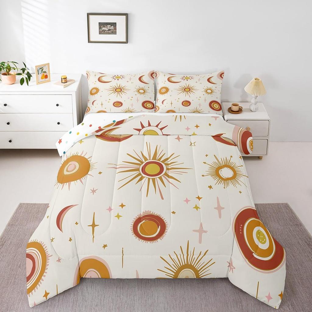 Boho Rainbow Bedding Set For Girls Twin,Cute Bohemian Eyes Moon Sun Comforter Set Kawaii Cloud Dream Catcher Bedding Comforter Sets For Kids