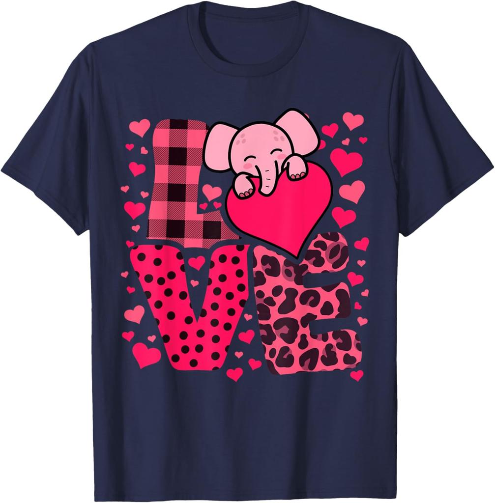 Cute Elephant Love Hearts Valentines Day Graphic Tee Soft Breathable Casual T-Shirt