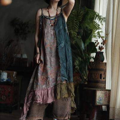 Женское винтажное платье в стиле пэчворк, летнее, высококачественный принт, цветочное, без рукавов, на бретелях-спагетти