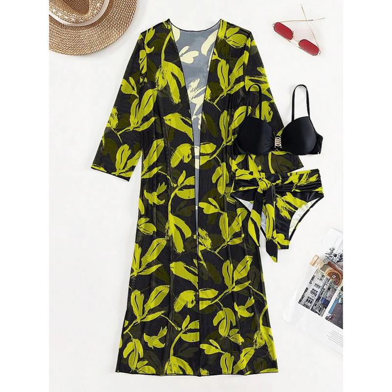 Бикини пуш-ап с принтом растений и кимоно, прикрытый купальник, женский купальник с длинным рукавом, комплект бикини из трех предметов, купальный костюм