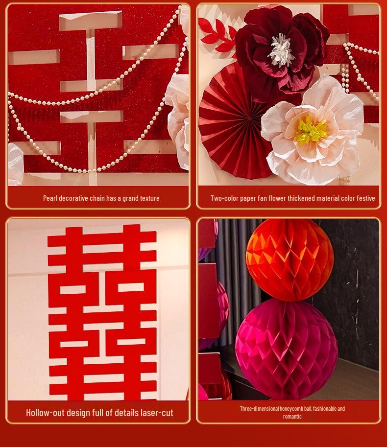 Bridal Wedding Room Decoration Set with No-Trace Double Happiness for Hotels and Living Rooms