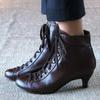 New Women Low Kitten Heel Ankle Boots Victorian Round Toe PU Leather Shoes Steampunk Lace Up Retro Jeans Boots