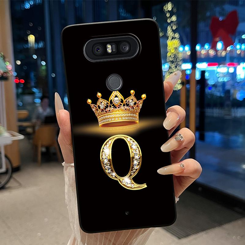 Чехол для телефона для LG Q8 Мягкий силикон Черный чехол Роскошная блестящая корона Красивый буква от А до Я Парный чехол