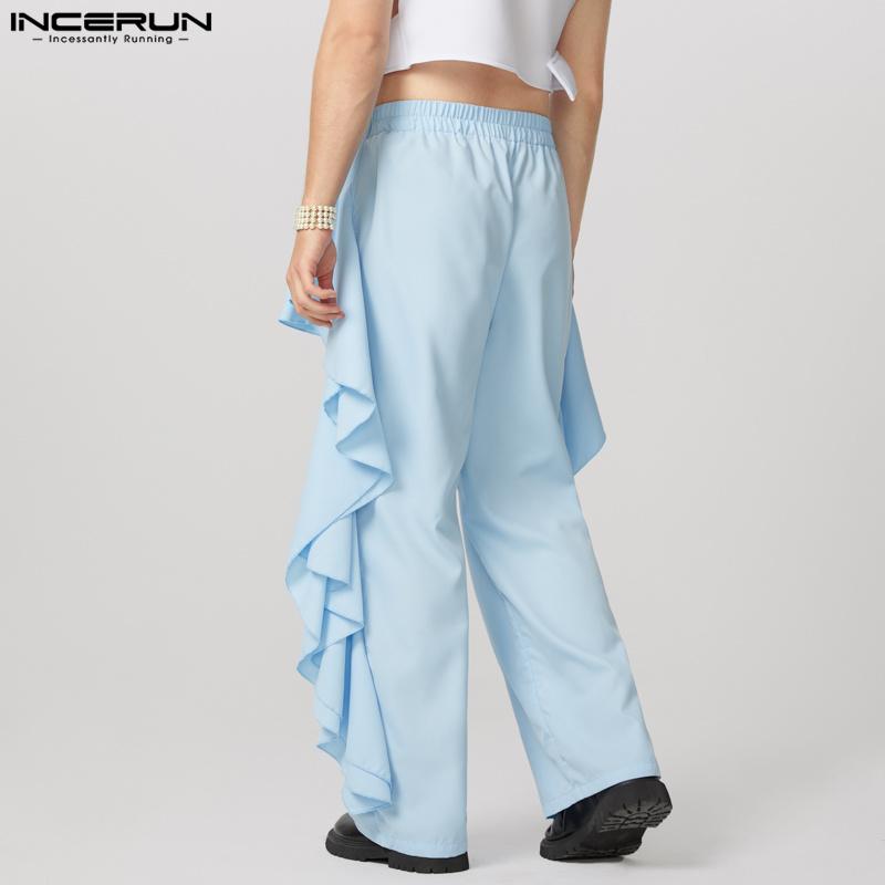 INCERUN Мужские брюки с эластичной талией, однотонные, нерегулярные, длинные брюки с оборками