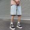 Men Denim Shorts Elastic Drawstring Waist Wide Leg Pockets Shorts with Straight Solid Color Casual Shorts Streetwear