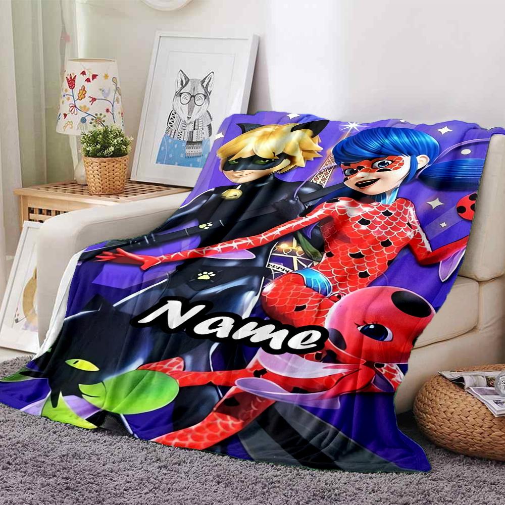 Custom Name Miraculous Tales of Ladybug Cat Noir Theme Printed Blanket - Perfect for Couch, Bed, Travel & Outdoor Use | Machine Washable, Cozy & Durab
