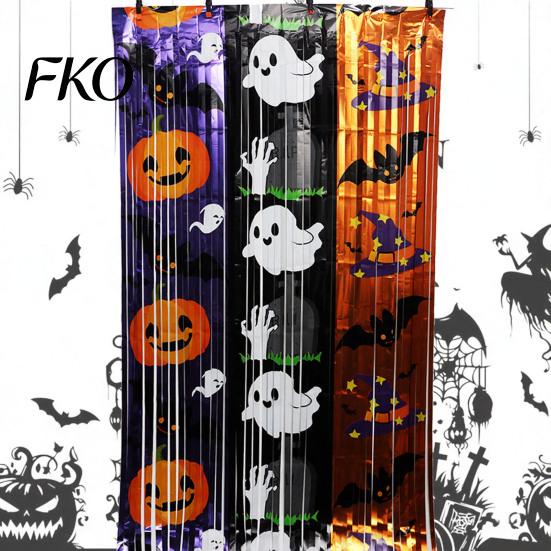 Halloween Tinsel Curtain Foil Fringe for Halloween, Orange Purple Black Background Event Decoration Photo Booth Props, Pumpkin Ghost Bat Party Shiny