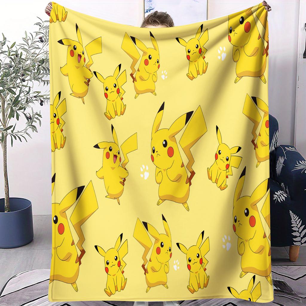 Cute Pokemon Pikachu AllOver Printed Flannel Throw Blanket Gift Winter Warm Blanket for Living Room Sofa Bed Camping Trip