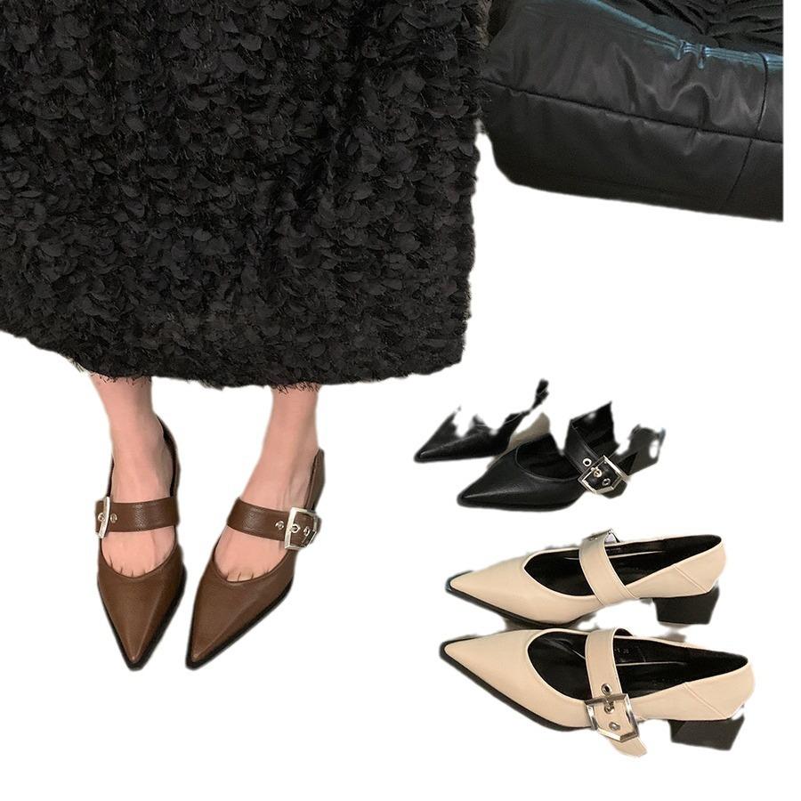 Туфли Мэри Джейн из кожи с острым носком в стиле ретро для женщин в Англии, осень и зима 2025 года, новая корейская версия мокасин на толстом каблуке