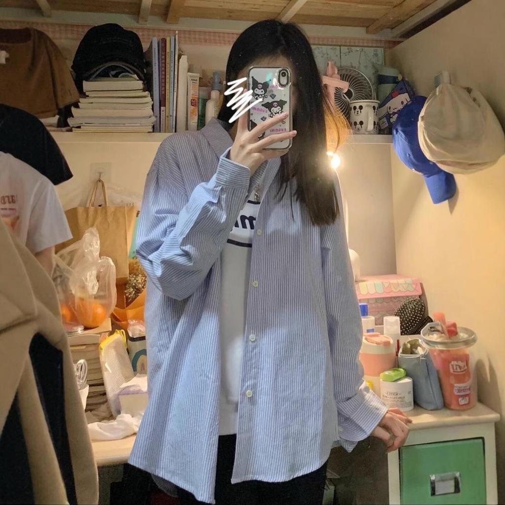 Women's Korean-Style Striped Loose Long-Sleeve Shirt for Spring and Autumn