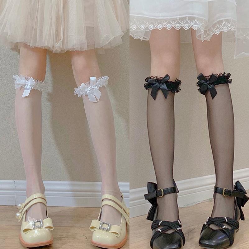 Japanese StyleJKMid-Calf Silk Stockings Women's Sweet Lace Calf Socks Summer Thin Bow Lolita Black Silk