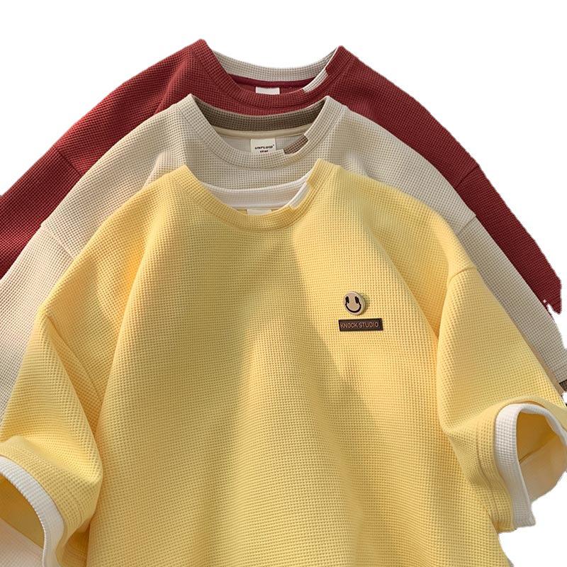 Men's Trendy Waffle Ripped Two-Piece Look T-Shirt, Heavyweight Loose Short Sleeve Summer Top