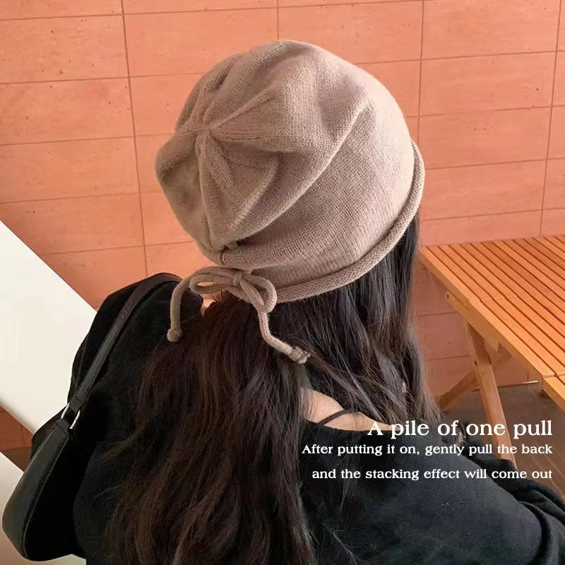 Drawstring Baggy Slouchy Beanie Bonnet For Women Autumn Winter Ear Keep Warm Skullies Cap Fashion Girl Kint Woolen Hat