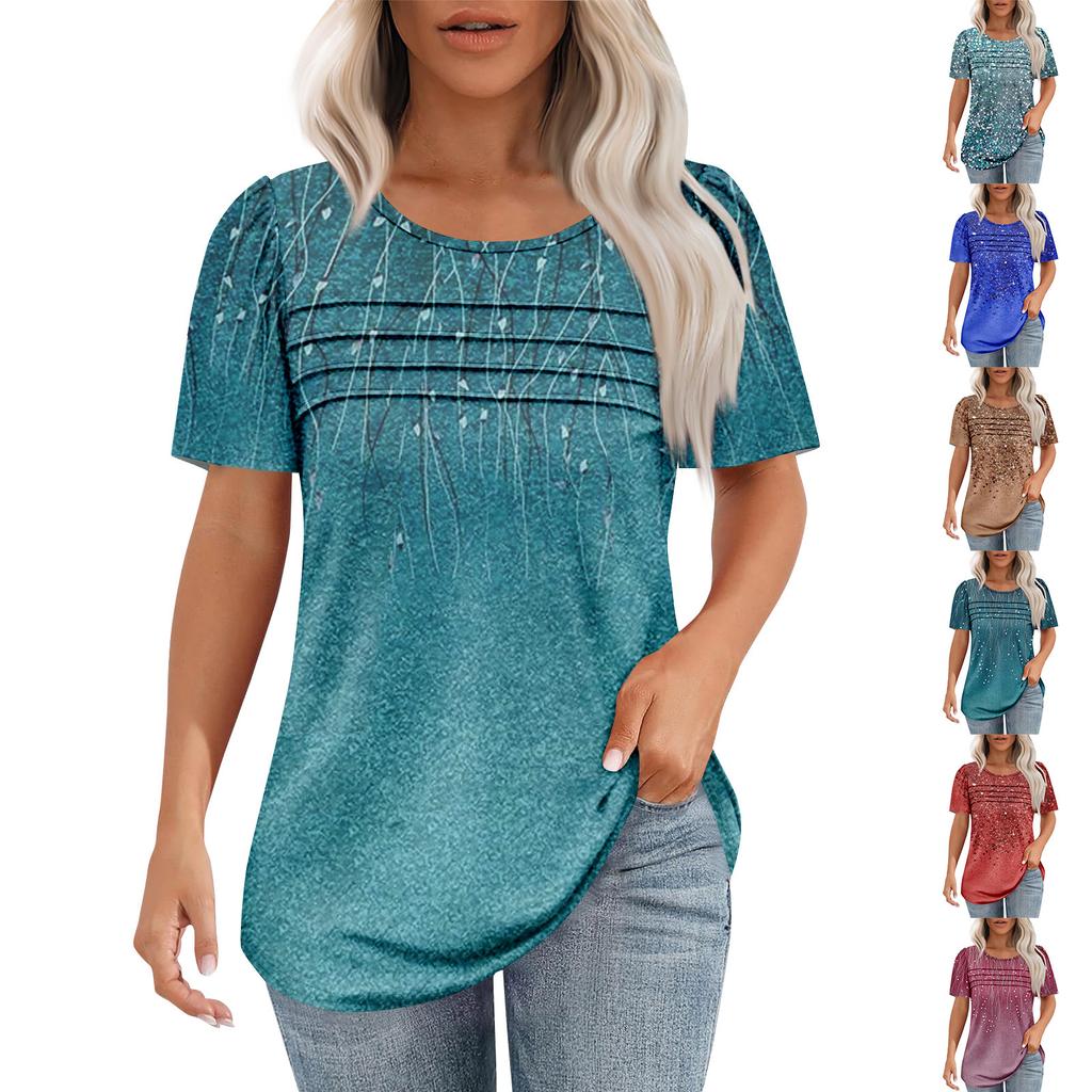 Ladies' Fashionable Printed Round Neck Pleated Short Sleeved Shirt