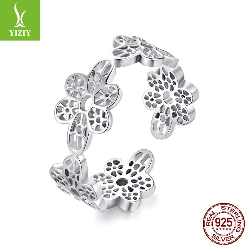 S925 Sterling Silver Niche High-End Hollow Lace Small Flower Opening Ring Foreign Trade Explosion