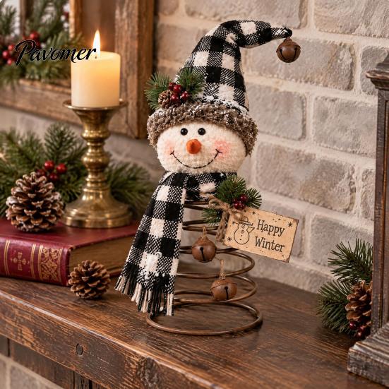 Handmade Christmas Crafts Snowman Tree Topper with Spring Base, 9.84 Inch Autumn Holiday Shelf Sitters Party Tabletop Ornament, Fall Harvest