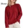 Daily Wear Sweatshirt Women Crewneck with Scalloped Hem, Solid Color Long Sleeve Autumn Top Hem Pullover Top, Drop Shoulder Casual Blouse for